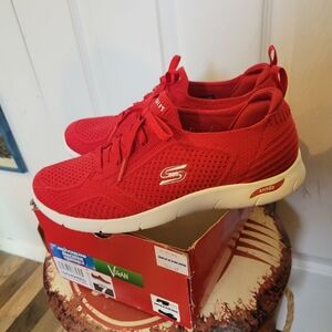Skechers Red and White Athletic Shoes with Knit Upper